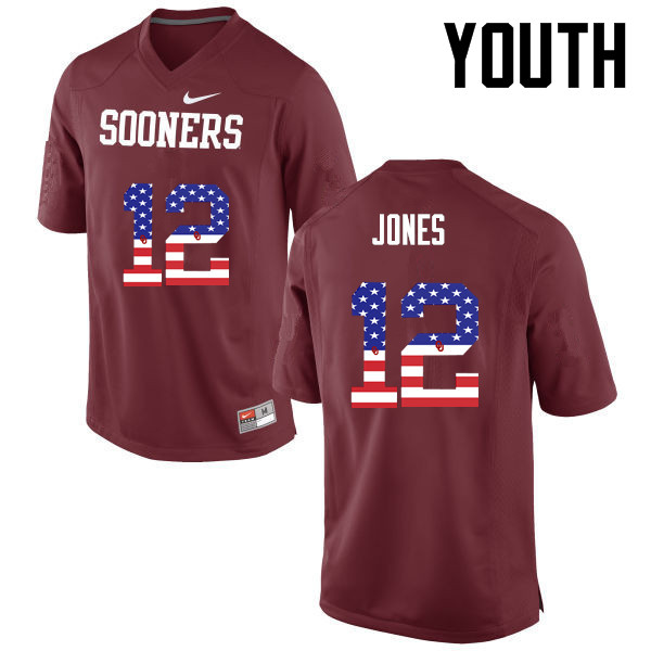 Youth Oklahoma Sooners #12 Landry Jones College Football USA Flag Fashion Jerseys-Crimson